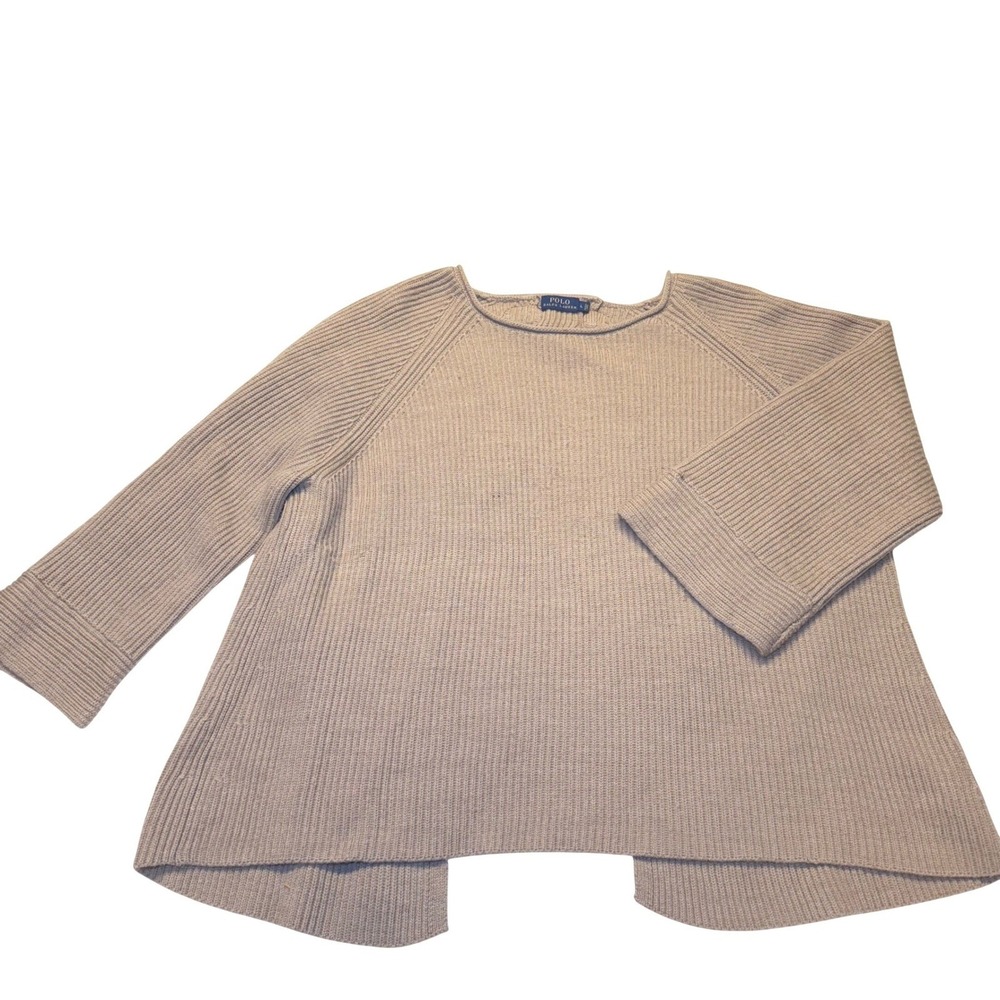 Polo Ralph Lauren Tan‎ Merino Wool Ribbed Split Back Buckle Sweater Womens Large